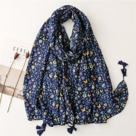 NEW Boho Butterfly Floral Design Tasseled Rectangle Soft Chic Scarf L Navy Blue - Picture 1 of 15